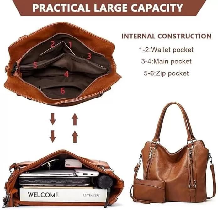 Women’s PU Leather Tote & Hobo Handbag – 2 in 1 Set with Shoulder Strap