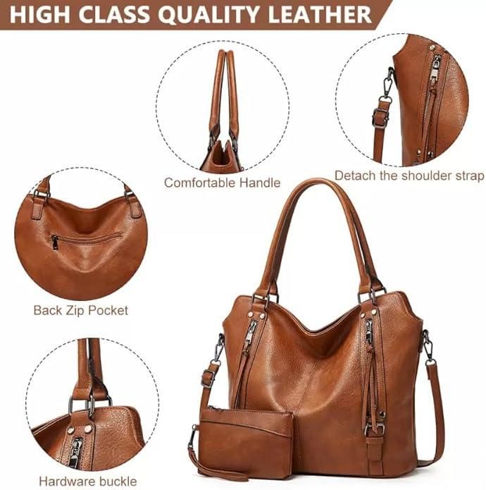 Women’s PU Leather Tote & Hobo Handbag – 2 in 1 Set with Shoulder Strap