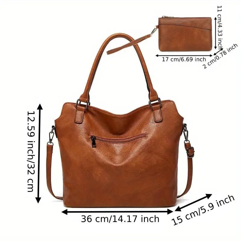 Women’s PU Leather Tote & Hobo Handbag – 2 in 1 Set with Shoulder Strap