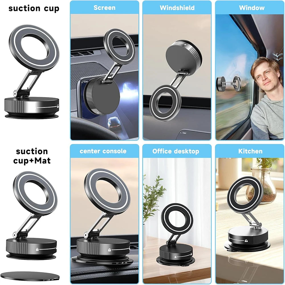 Compact 360° Adjustable Magnetic Phone Holder with Vacuum Suction - Perfect for On-the-Go!