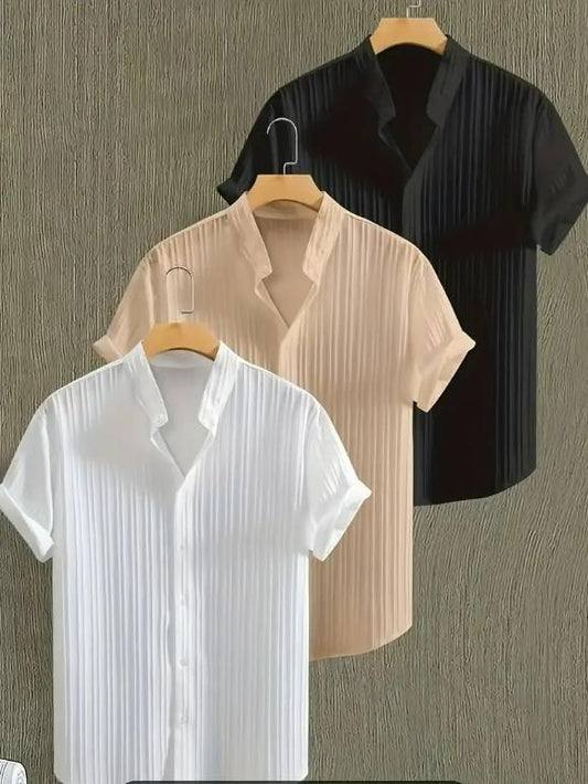 Solid Retro Short-Sleeve Button-Up Shirts